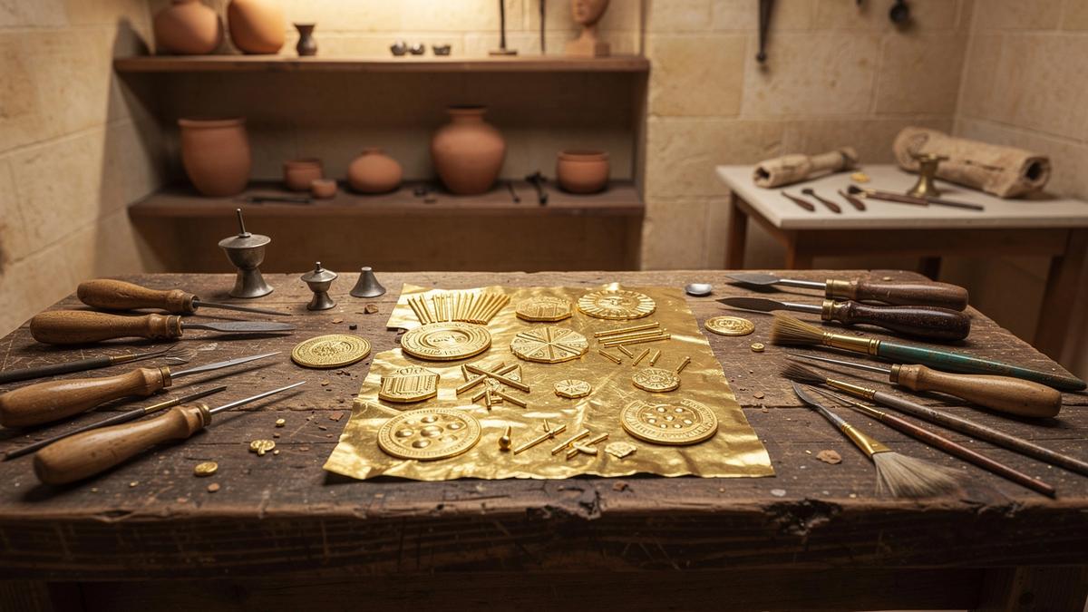 تفاصيل ذهبية دقيقة وأدوات تشكيل معدنية على طاولة ورشة حرفية مستوحاة من مصر القديمة