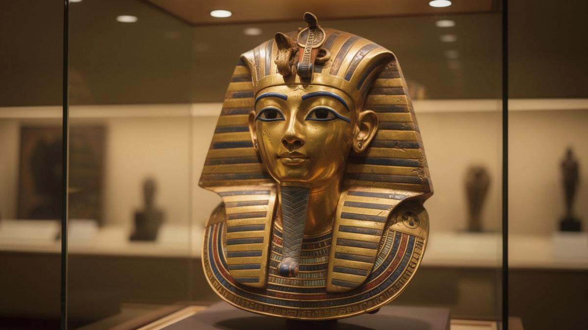 لقطة فنية لقناع توت عنخ آمون الذهبي مع إضاءة متحفية دافئة